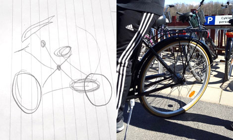 Skiss av cykel och foto av cykel.